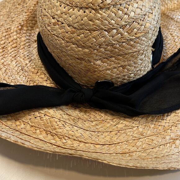 Kathy Jeanne Floppy Tan Straw Sunhat w/ Black Scarf, NWT! - Picture 3 of 5